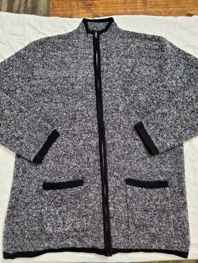 Chico's Design L Gray Boucle Full Zip Sweater Jacket Wool Blend Black Trim